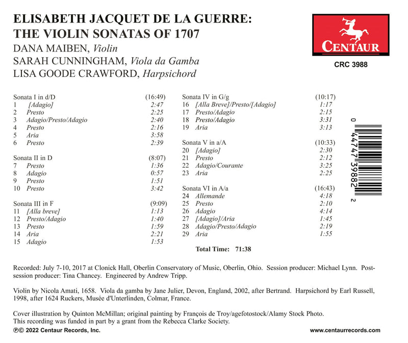 Jacquet de la Guerre: Violin Sonatas of 1707 / Maiben, Cunningham, Crawford
