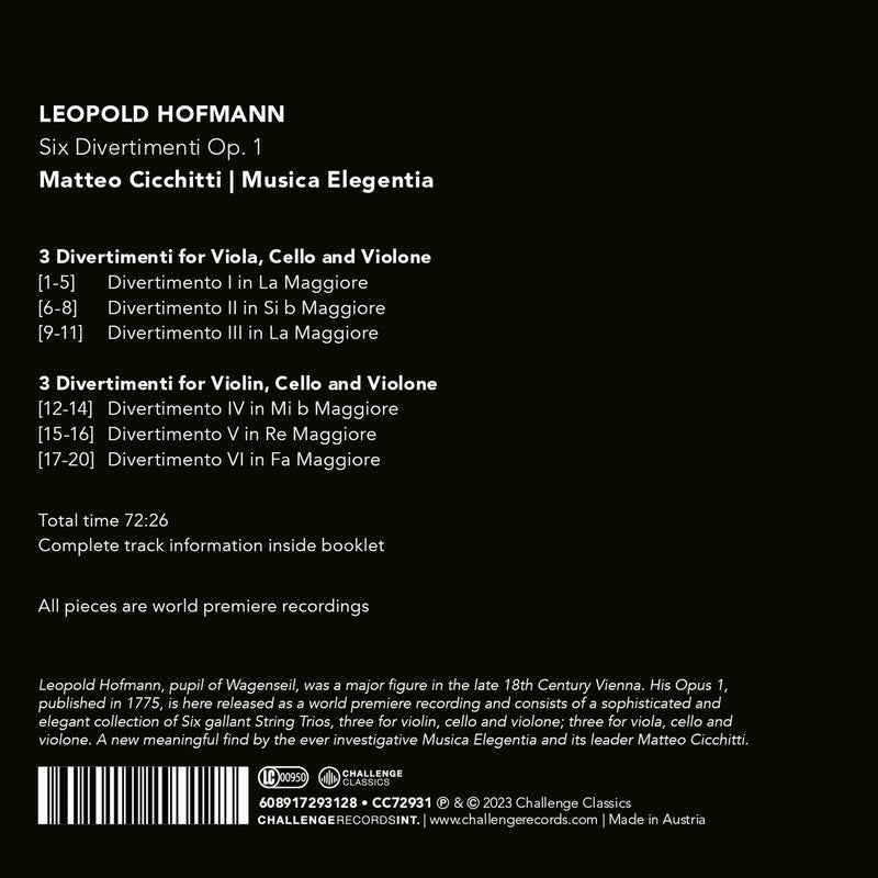 Hofmann: Six Divertimenti for String Trio, Op. 1 / Cicchitti, Musica Elegantia