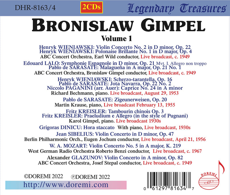Mozart, Sarasate, Sibelius, Wieniawski: Bronislaw Gimpel Live vol. 1 / Gimpel, Berlin Philharmonic et al.