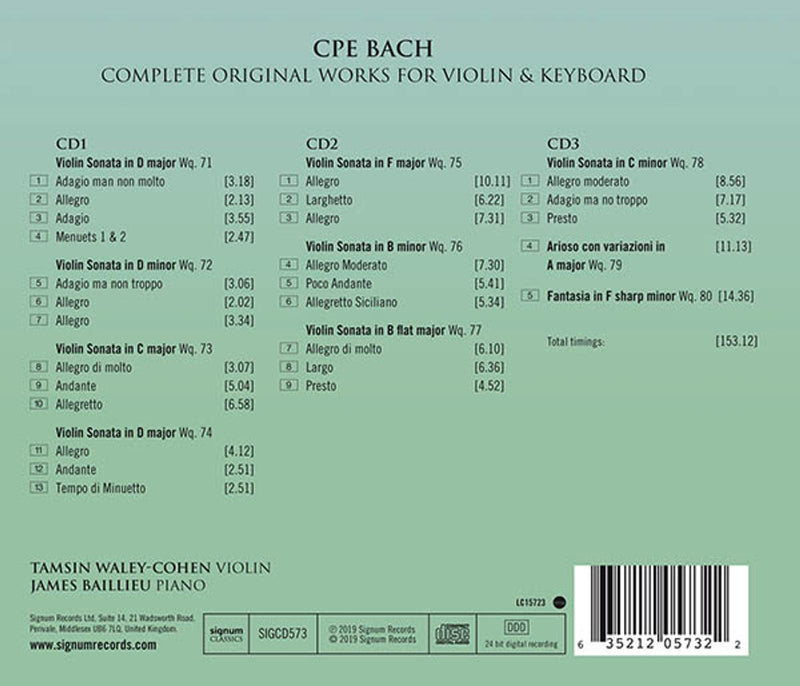 C.P.E. Bach: Complete Original Works for Violin and Keyboard / Waley-Cohen, Baillieu