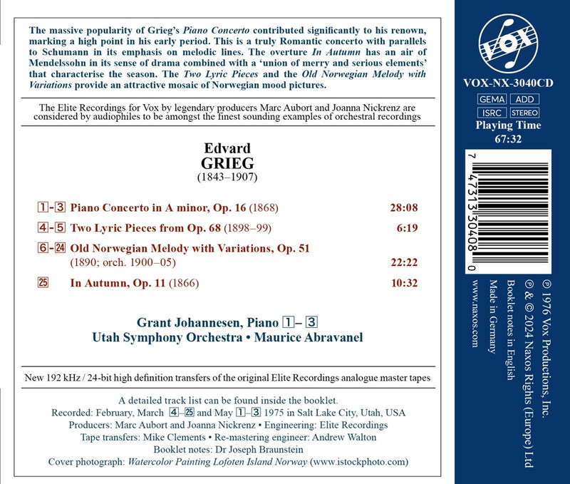 Grieg: Piano Concerto / Johannesen, Abravanel, Utah Symphony