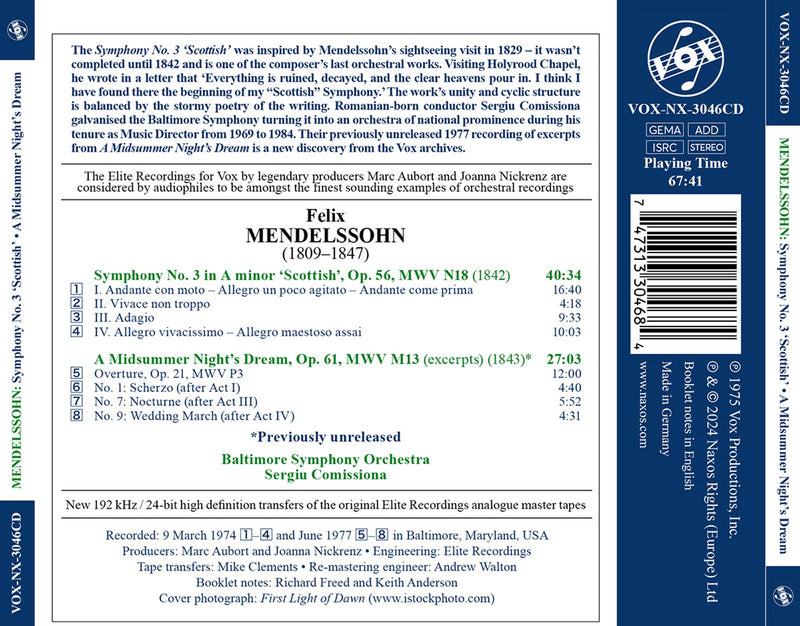 Mendelssohn: Symphony No. 3, A Midsummer Night's Dream / Comissiona, Baltimore Symphony