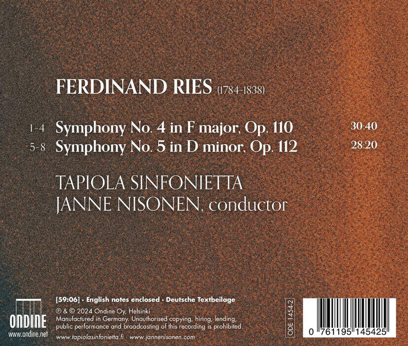 Ries: Symphonies Nos. 4 & 5 / Nisonen, Tapiola Sinfonietta