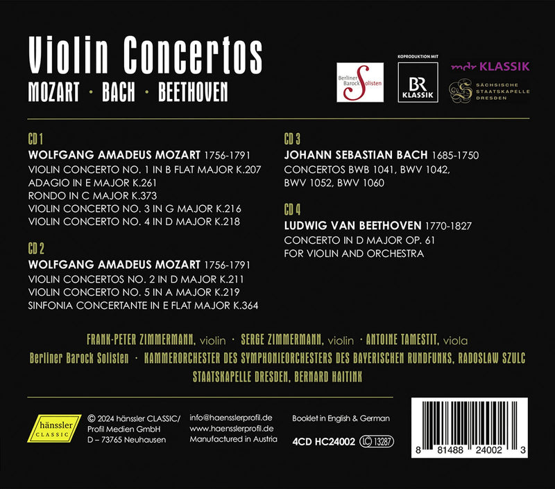 Mozart, Bach & Beethoven: Violin Concertos / Frank Peter Zimmermann