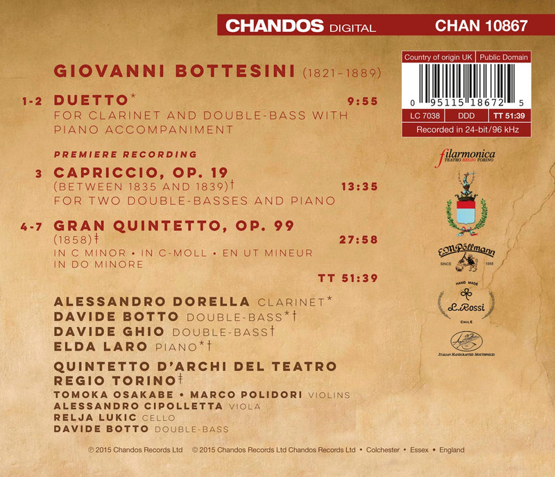 Bottesini: Duetto, Capriccio & Gran Quintetto / Torino Royal Theatre String Quintet