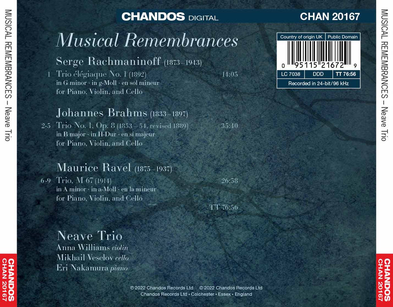 Musical Remembrances - Rachmaninoff, Brahms, Ravel: Piano Trios / Neave Trio