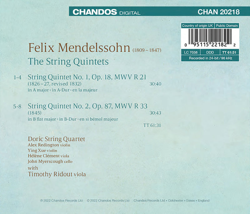 Mendelssohn: The String Quintets / Ridout, Doric String Quartet