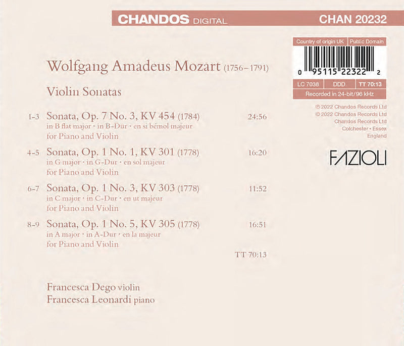Mozart: Violin Sonatas / Dego, Leonardi