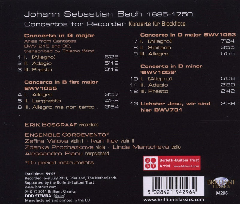 Bach: Concertos for Recorder Vol. 1 / Bosgraaf, Ensemble Cordevento
