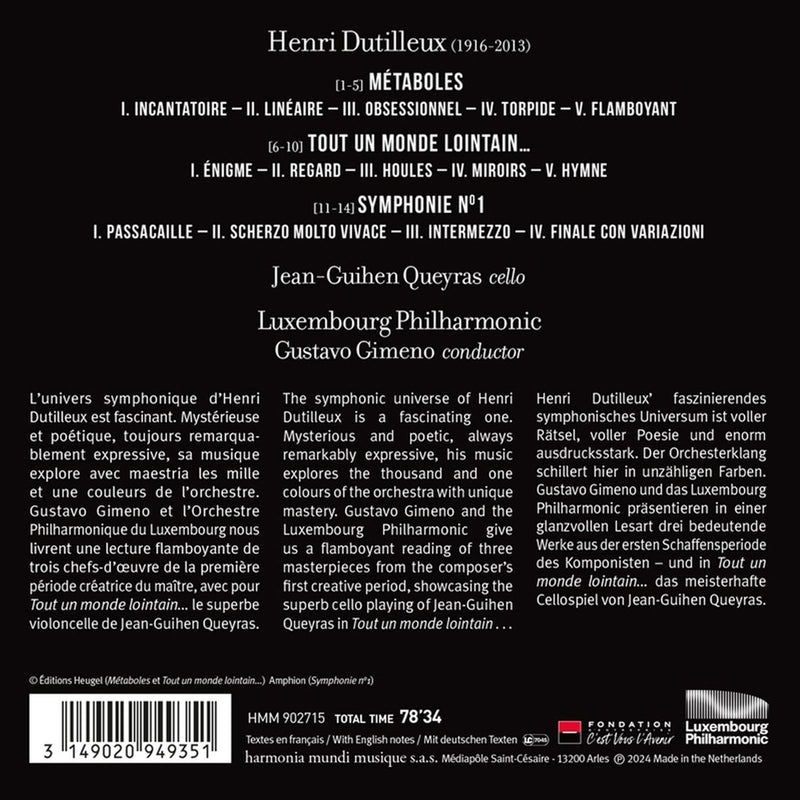 Dutilleux: Tout un monde lointain... Metaboles - Symphonie No. 1 / Queyras, Gimeno, Luxembourg Philharmonic