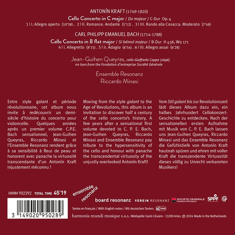 Kraft & C.P.E. Bach: Cello Concertos / Queyras, Minasi, Ensemble Resonanz