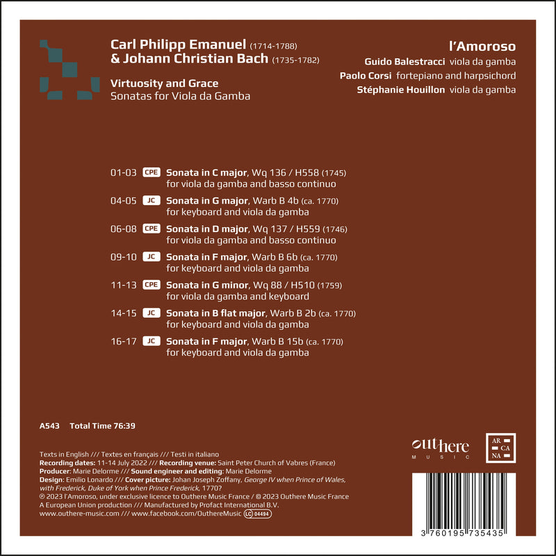 C.P.E. & J.C. Bach: Virtuosity & Grace - Viola da Gamba Sonatas / Balestracci, Corsi, Houillon
