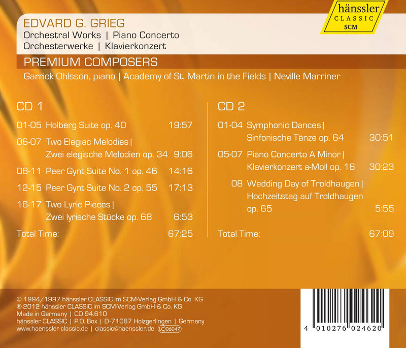 Grieg: Symphonic Dances, Piano Concerto, Etc / Marriner, Ohlsson