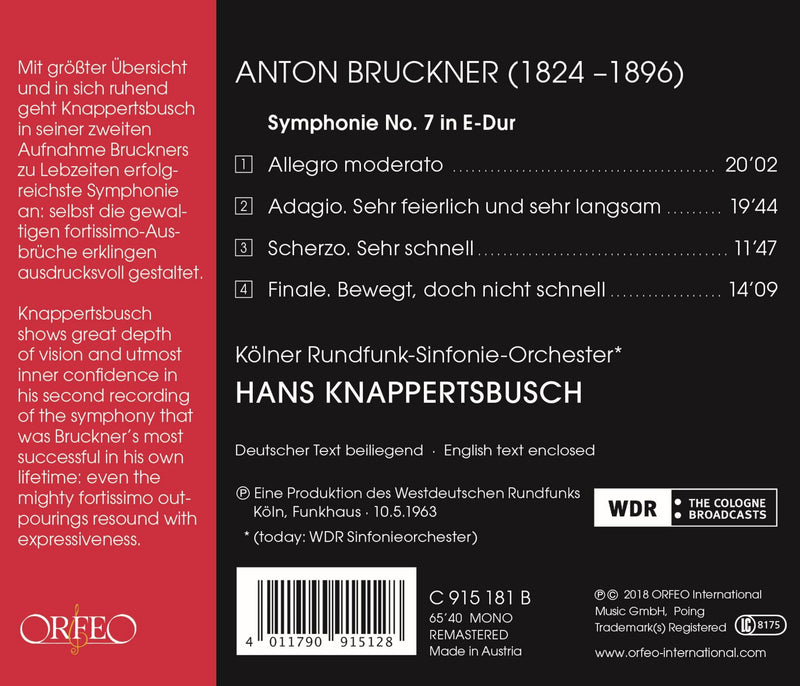 Bruckner: Symphony No. 7 / Knappertsbusch, Cologne Radio Symphony Orchestra