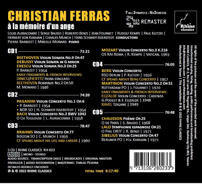 Brahms, Mozart, Berg et al: a la memoire d’un ange - Christian Ferras In Memoriam