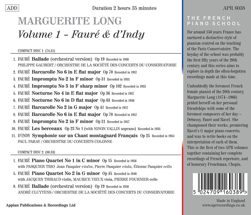 Marguerite Long, Vol. 1 - Fauré, d'Indy