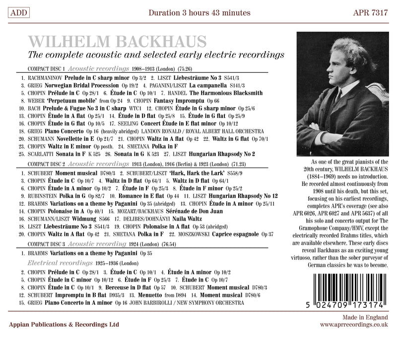Wilhelm Backhaus - The Complete Acoustic & Selected Early Electric Recordings