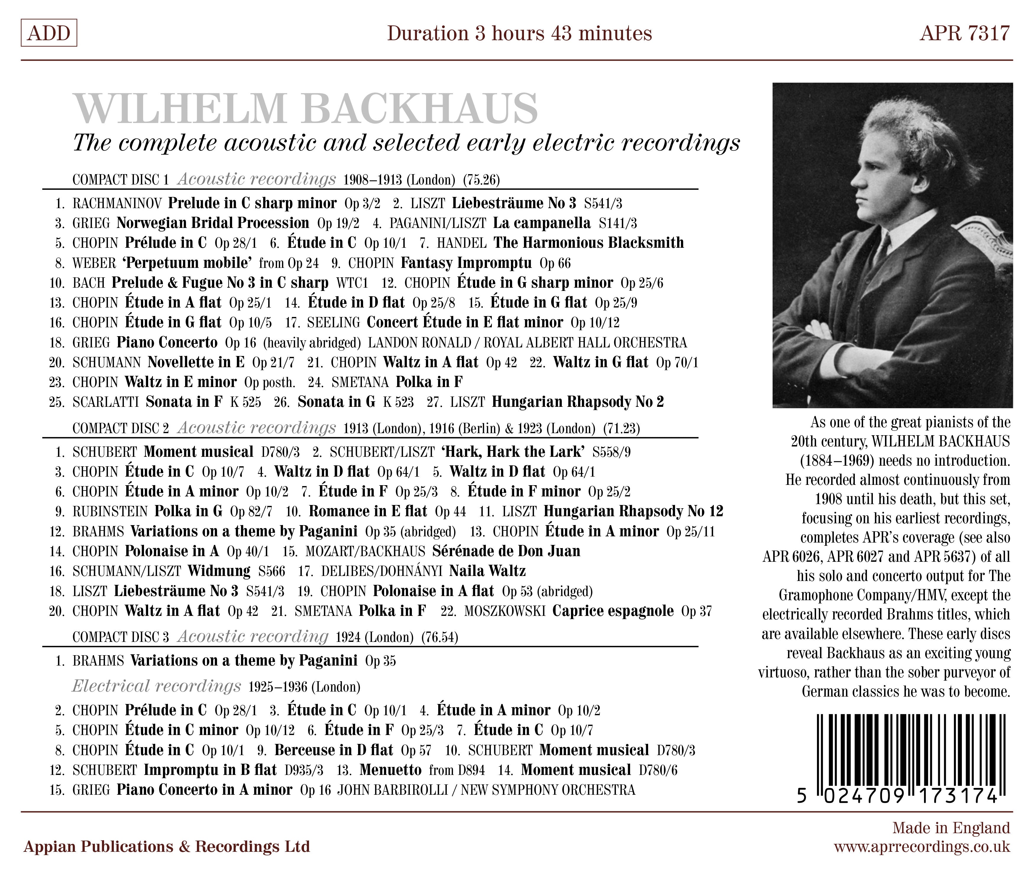 Wilhelm Backhaus - The Complete Acoustic & Selected Early Electric