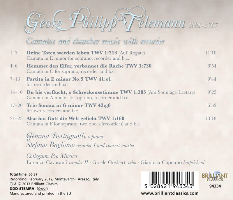 Telemann: Cantatas And Chamber Music With Recorder