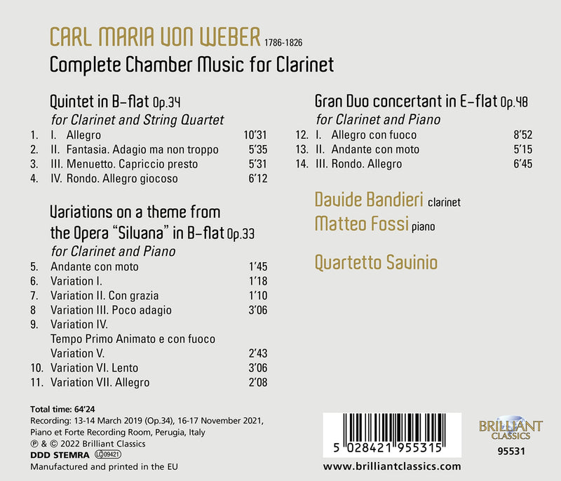 Weber: Complete Chamber Music for Clarinet / Bandieri, Fossi, Quartetto Savinio