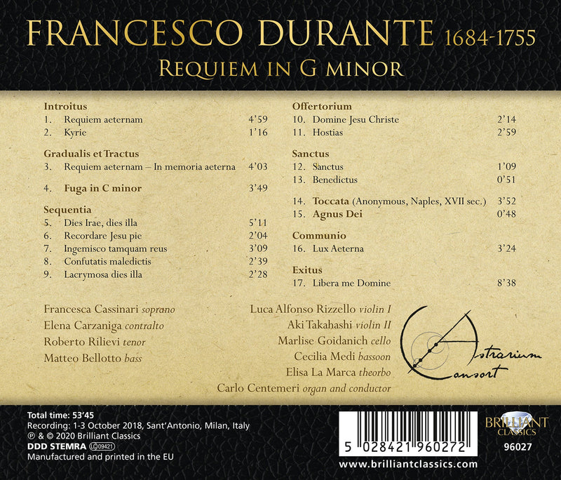 Durante: Requiem in G Minor / Centemeri, Astrarium Consort