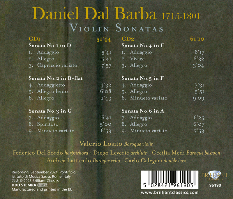 Dal Barba: Violin Sonatas / Losito, Leveric, Medi, Lattarulo, Galegari, Del Sordo