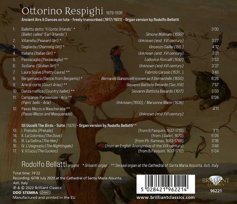 Respighi: "Birds" Suite & Ancient Airs & Dances on Organ / Bellatti