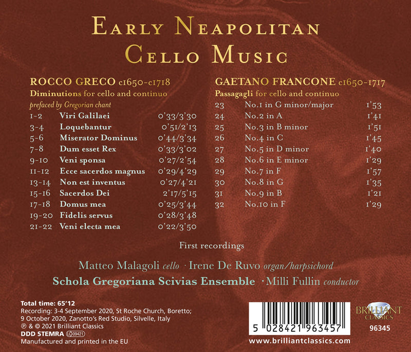 Greco: Early Neapolitan Cello Music / Malagoli, de Ruvo, Schola Gregoriani Scivas Ensemble