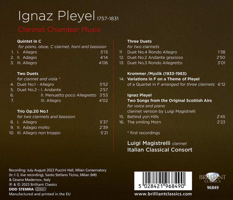 Pleyel: Clarinet Chamber Music / Magistrelli, Italian Classical Consort