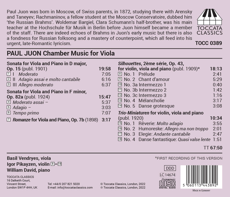 Juon: Chamber Music for Viola / Vendryes, Pikayzen, David