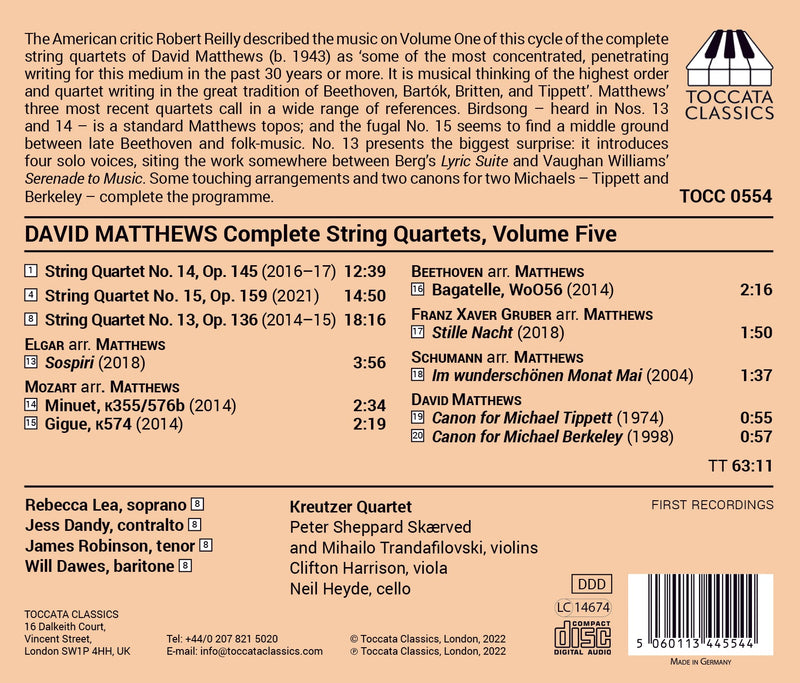 D. Matthews: Complete String Quartets, Vol. 5 / Kreutzer Quartet