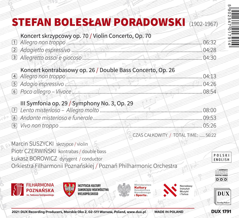 Poradowski: Violin Concerto, Op. 70, Double Bass Concerto, Op. 26, Symphony No. 3, Op. 29