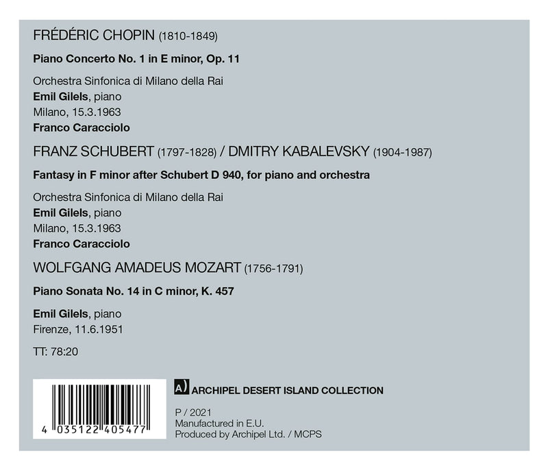 Emil Gilels In Italy: Chopin, Schubert/Kabalevsky, Mozart