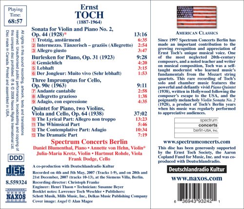 American Classics - Toch: Piano Quintet, Violin Sonata No 2, Burlesken, Impromptus, / Spectrum Concerts Berlin