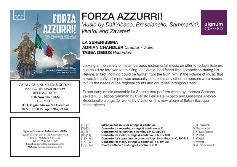 Dall'Abaco, Sammartini, Vivaldi et al: Forza azzurri! / Chandler, La Serenissima
