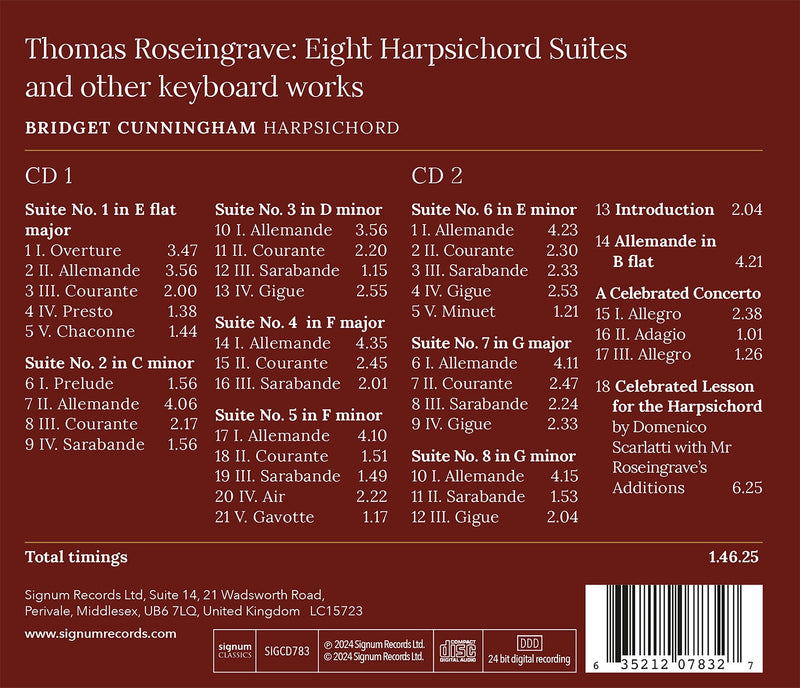 Roseingrave: 8 Harpsichord Suites / Bridget Cunningham