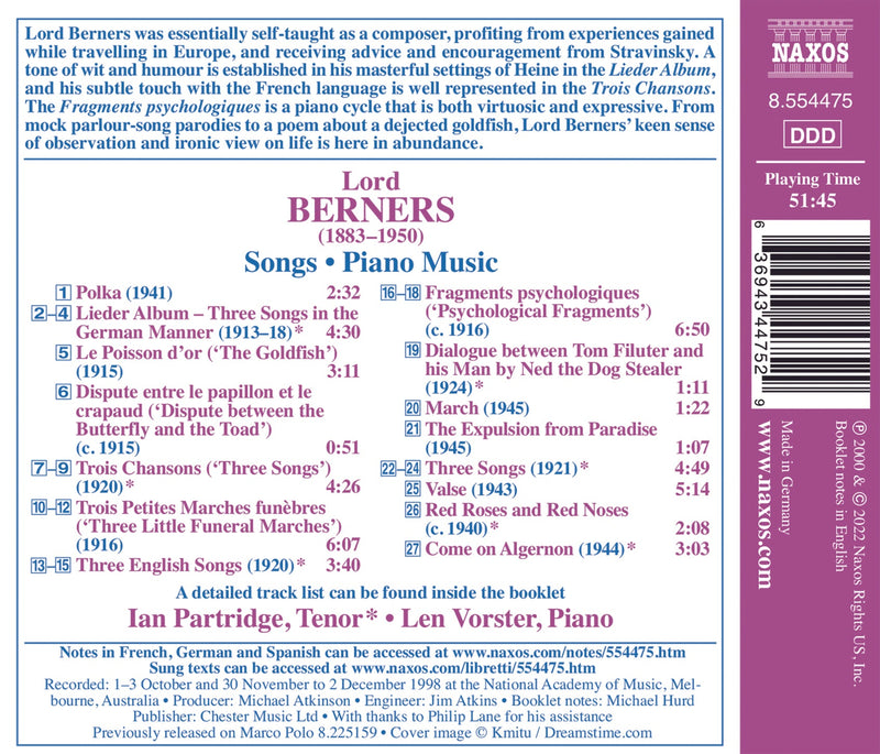 Berners: Songs & Piano Music / Partridge, Vorster