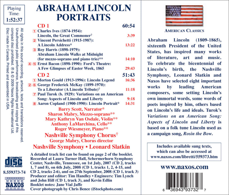 Abraham Lincoln Portraits – BACON, E. / GOULD, M. / HARRIS, R. / IVES, C. / McKAY, G.F. / PERSICHETTI, V. / TUROK, P. [2 CDs]