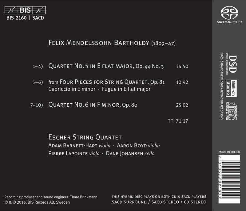 Mendelssohn: String Quartets Nos. 5 & 6 / Escher String Quartet