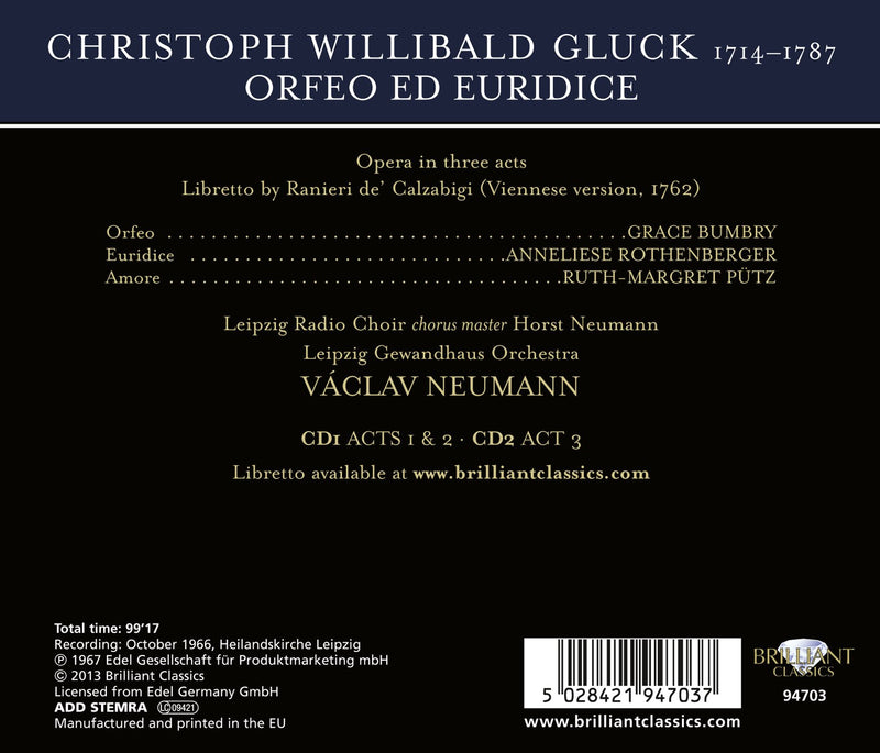 Gluck: Orfeo Ed Euridice / Bumbry, Rothenberger, Neumann