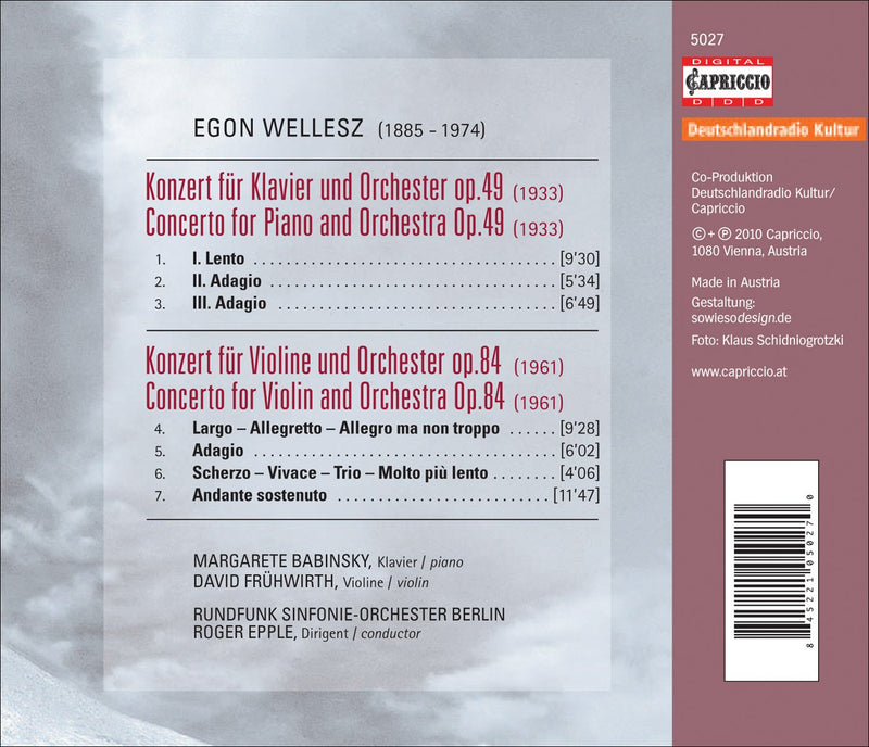 Egon Wellesz: Piano Concerto; Violin Concerto