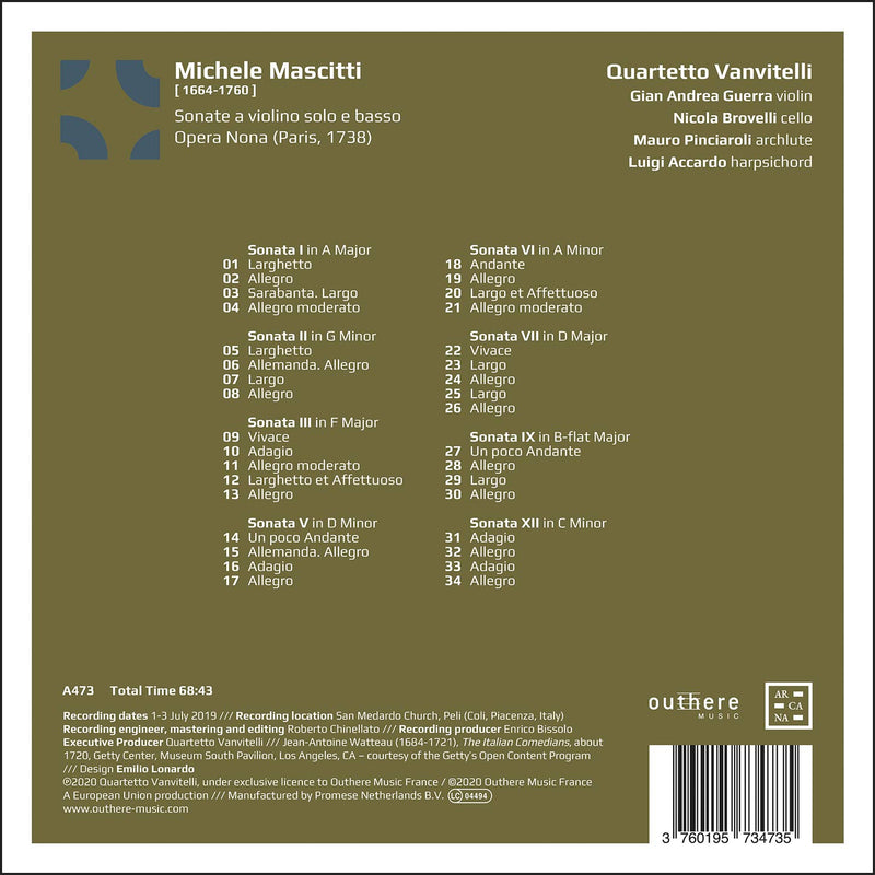 Mascitti: Sonate a violino solo e basso & Opera Nova / Quartetto Vanvitelli
