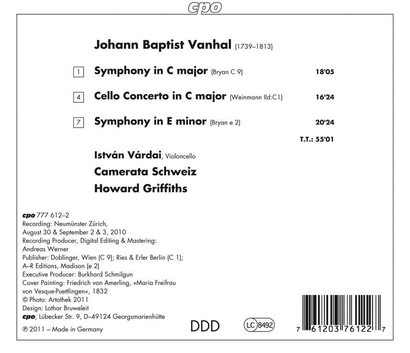 Johann Baptist Vanhal: Two Symphonies; Cello Concerto