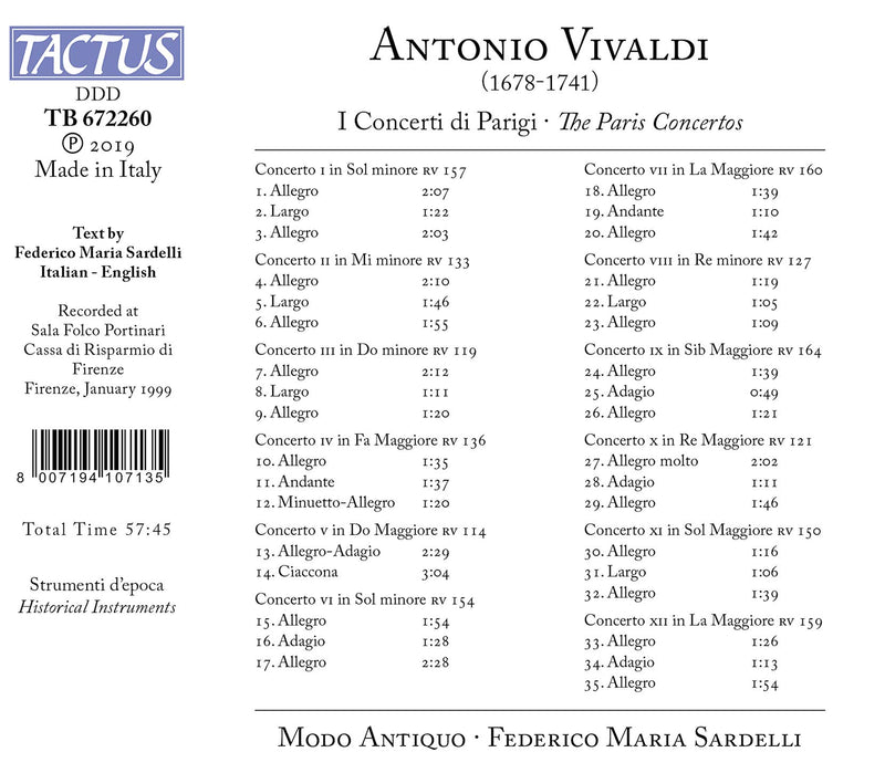 Vivaldi: The Paris Concertos / Sardelli, Modo Antiquo