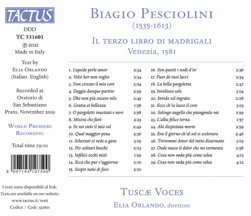 Pesciolini: Il terzo libro de madrigali / Orlando, Tuscae Voces