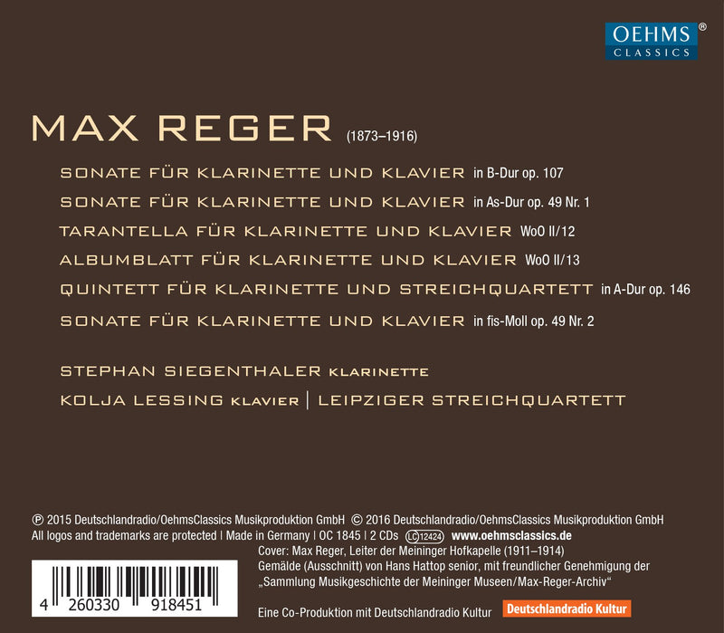 Reger: Complete Chamber Music for Clarinet / Siegenthaler, Lessing, Leipzig String Quartet