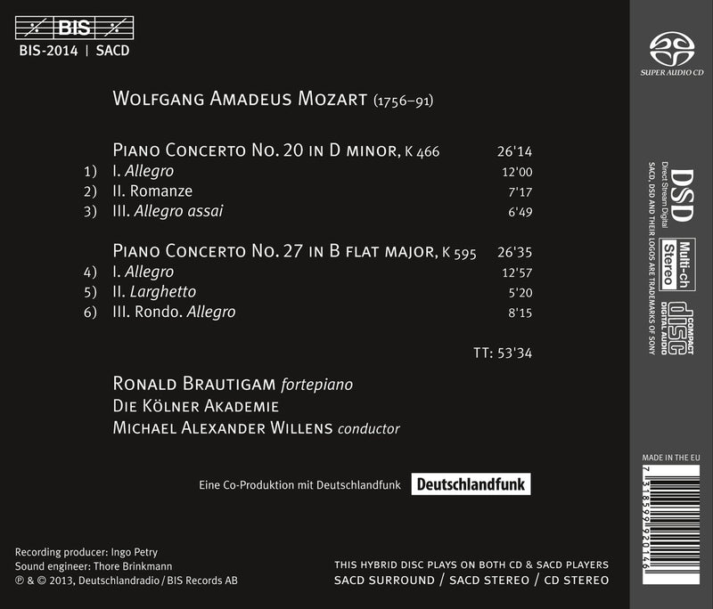 Mozart: Piano Concertos No 20 & 27 / Brautigam, Willens, Die Kolner Akademie