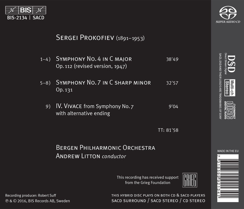 Prokofiev: Symphonies Nos. 4 & 7 / Litton, Bergen Philharmonic