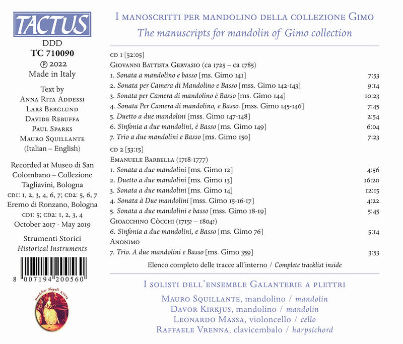 Gervasio, Barbella & Cocchi: The Manuscripts for Mandolin of Gimo Collection