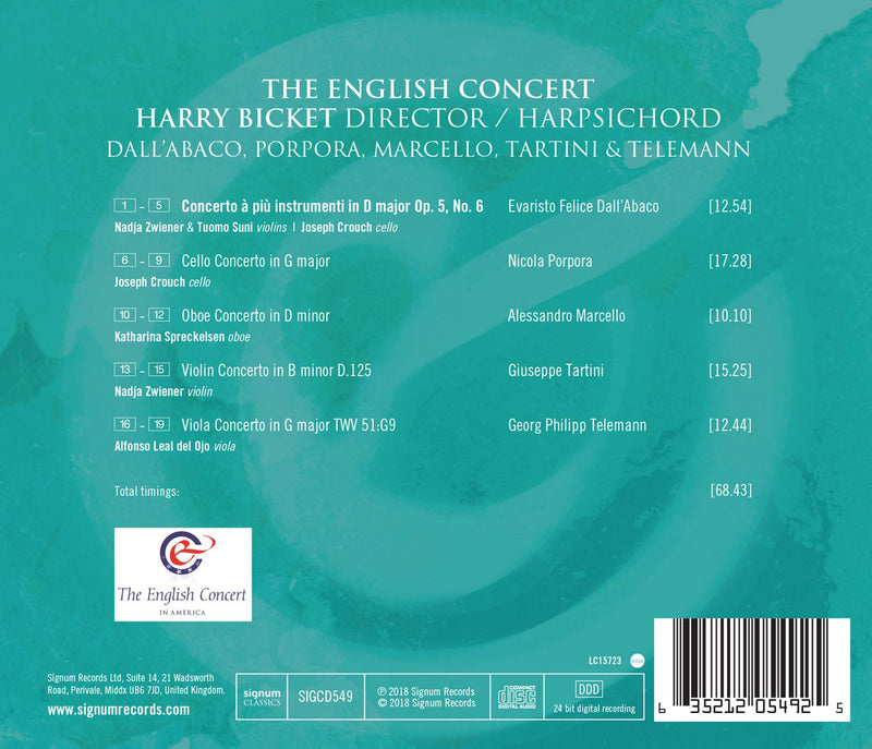 Dall'Abaco, Porpora, Macello, Tartini & Telemann: Concertos / Bicket, The English Concert